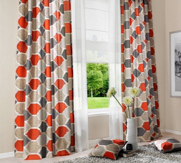 Deko Vorhang, mit Kräuselband, Blickdicht, Farbe Rot, Grau, Retro Design, Waschbar, in verschiedenen Größen erhältlich -864558-