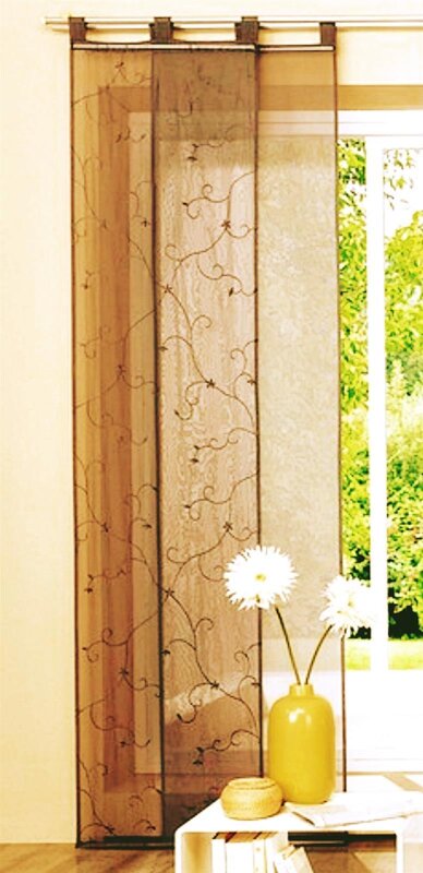 Schiebevorhang, mit Schlaufen, Braun, Bestickt mit Blumen und Ranken, inkl. Zubehör, Waschbar, Maße HxB 175x57 cm