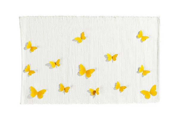 Handwebteppich, Kelim, Farbe Gelb, Design Schmetterlinge, Waschbar, Maße LxB 140x70 cm