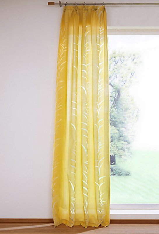 Dekoschal, mit Kräuselband, Ausbrenner, Farbe Senfgelb, Design Blätter, Halbtransparent, Waschbar, Maße HxB 225x140 cm