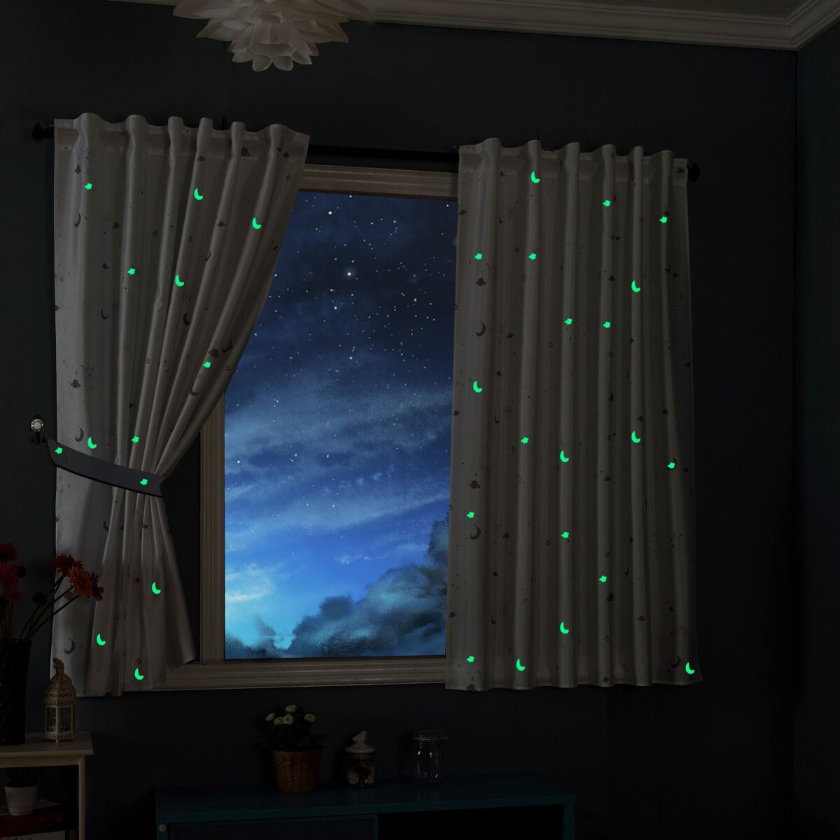 20495-Vorhang € 20,00 Schlaufenband Sterne Kin, Mond leuchtend fluoreszierend