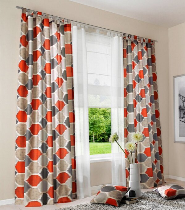 Deko Vorhang, mit Schlaufen, Blickdicht, Farbe Rot, Grau, Retro Design, Waschbar, Maße HxB 175x140 cm