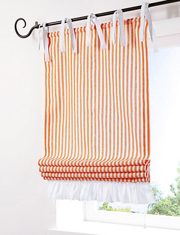 Raffrollo, mit Bindebändern, Farbe Orange, Design Streifen, Landhaus, Blickdicht, Waschbar, in verschiedenen Größen erhältlich