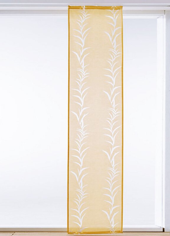 Schiebevorhang, mit Universalband, Farbe Senfgelb, Design Blätter, Halbtransparent, Waschbar, Maße HxB 175x57 cm