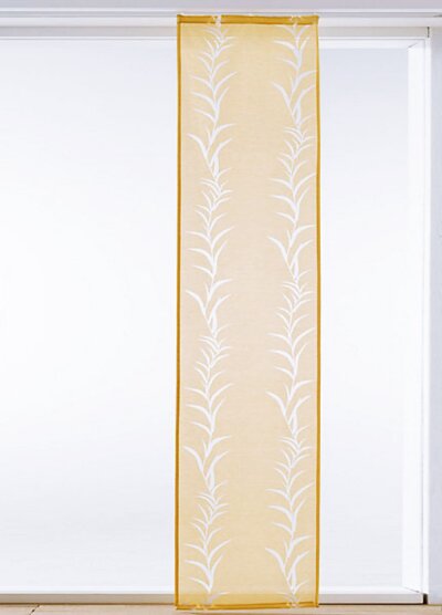 Schiebevorhang, mit Klettband, Farbe Senfgelb, Design Bl&auml;tter, Halbtransparent, Waschbar, Ma&szlig;e HxB 175x57 cm