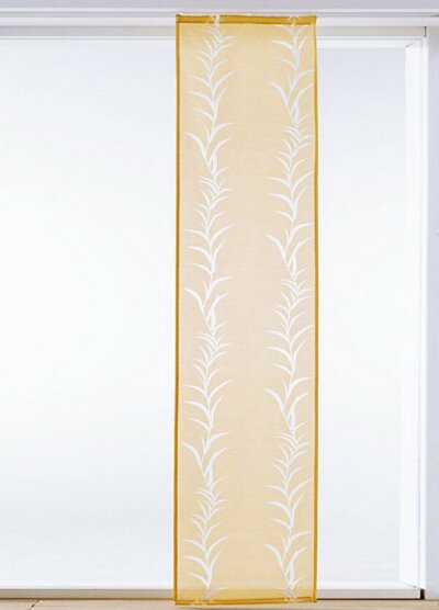 Schiebevorhang, mit Universalband, Farbe Senfgelb, Design Blätter, Halbtransparent, Waschbar, Maße HxB 245x57 cm