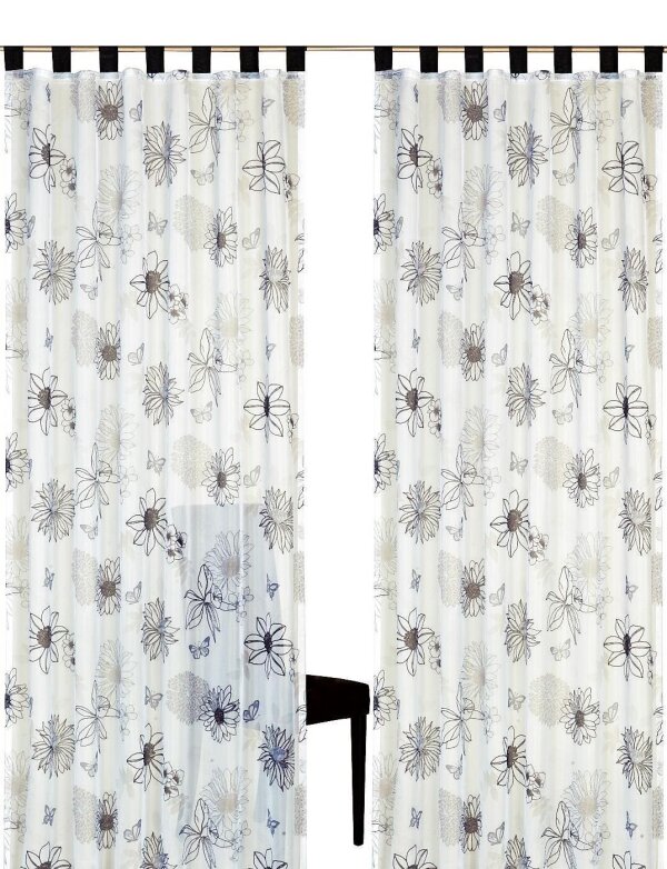 Dekoschal, mit Schlaufen, Farbe Grau, Weiss, Design Flower-Mix, Transparent, Waschbar, Maße HxB 225x140 cm