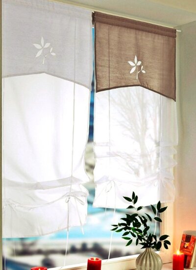 Bändchenrollo, mit Stangendruchzug, Farbe Terra, Design Blume, Bestickt, Transparent, Waschbar, Maße HxB 140x120 cm