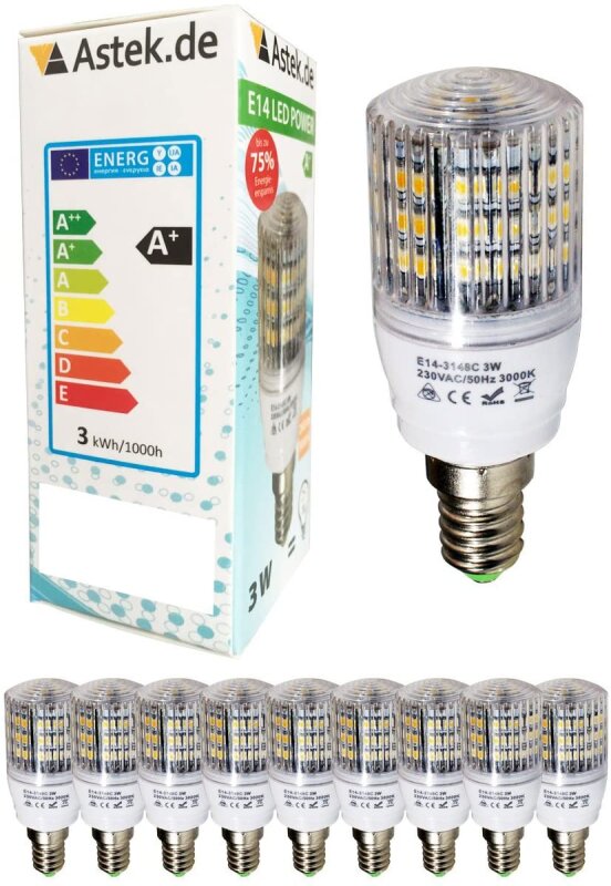 100er Pack Astek LED E14 Birne Warmweiss 3 W / ersetzt 25 W / 280 Lumen /